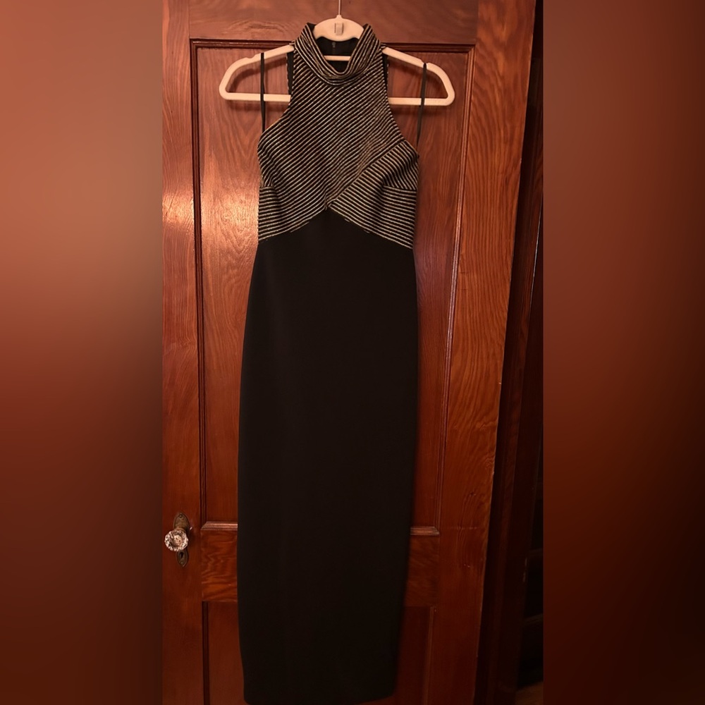 Vintage 90's Susan Roselli for Vijack Gold & Black Striped Bodycon Maxi Dress XS